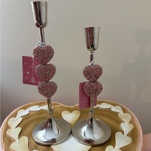 Set of 2 Valentine’s Day Silver Candlesticks with Pink Rhinestone Hearts